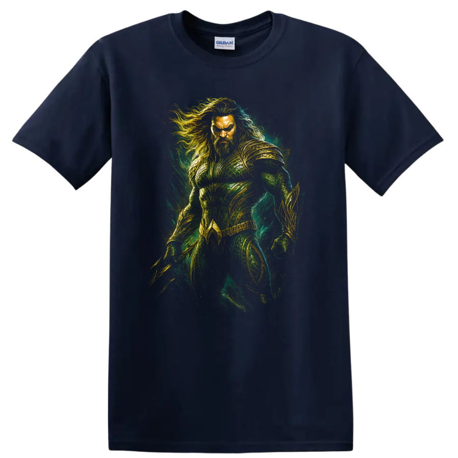 Aquaman-inspired armored hero artwork with green and gold fantasy style T Shirt on a Navy (Blue) T Shirt