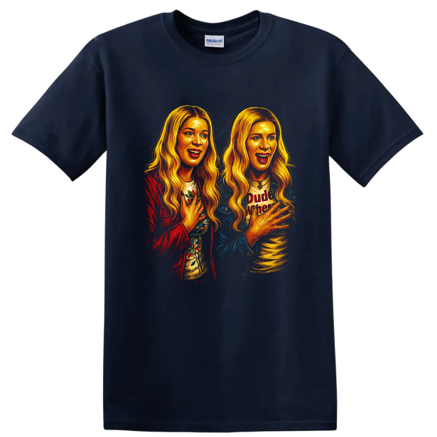 Colorful double portrait fan art inspired by Dude, Where's My Car movie T Shirt on a Navy (Blue) T Shirt