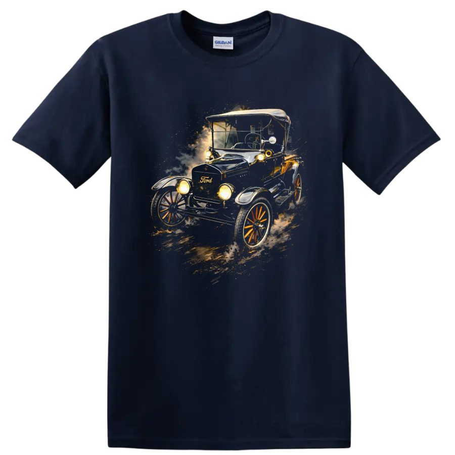 Ford Model T vintage old car graphic print with glowing headlights and dusty motion effect on a Navy (Blue) T Shirt