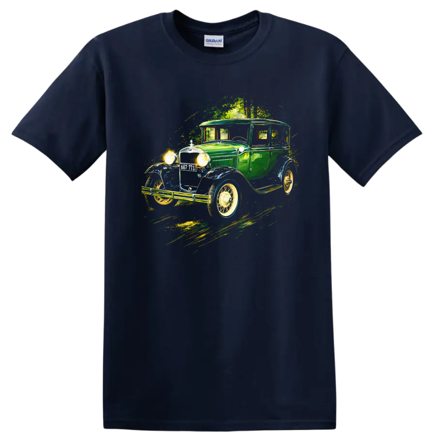 Green Ford Model A 1930 vintage car graphic print T-shirt on a Navy (Blue) T Shirt