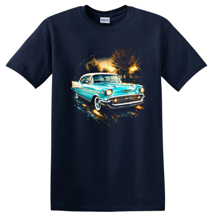Turquoise 1957 Chevrolet Bel Air classic car graphic print with sunset backdrop on a Navy (Blue) T Shirt