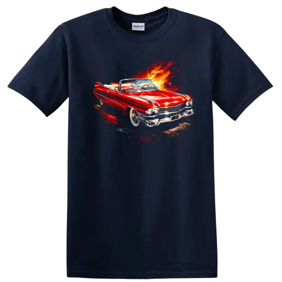 Red 1959 Cadillac Eldorado convertible with fiery motion graphic print on a Navy (Blue) T Shirt
