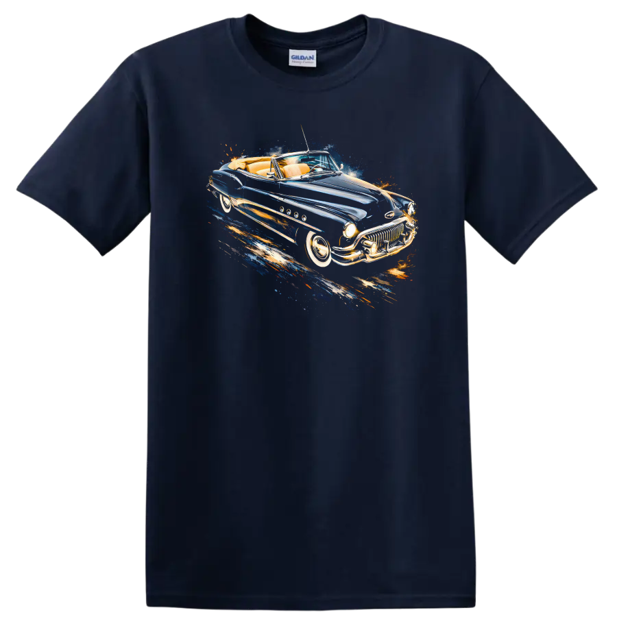 1951 Buick Super Convertible vintage car graphic print with blue and chrome details on a Navy (Blue) T Shirt