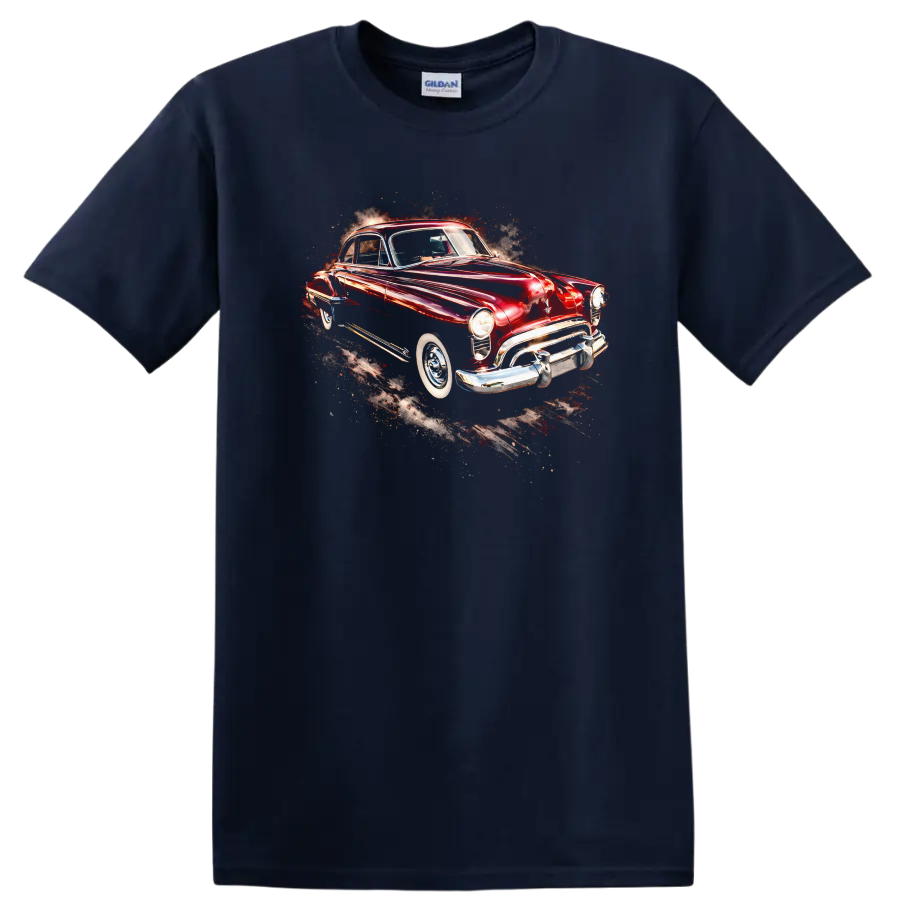 Red Oldsmobile Futuramic 88 Club Coupe classic car graphic print T shirt on a Navy (Blue) T Shirt