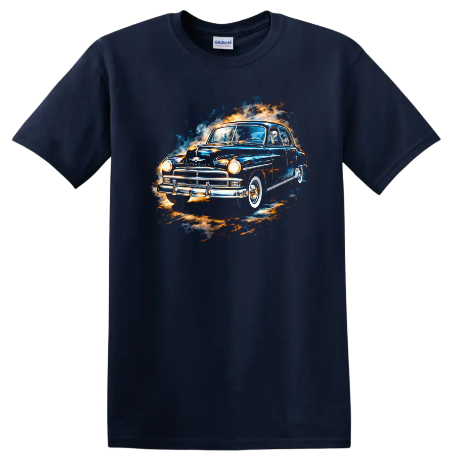 Watercolor Plymouth classic old car with blue and orange splash graphic print on a Navy (Blue) T Shirt