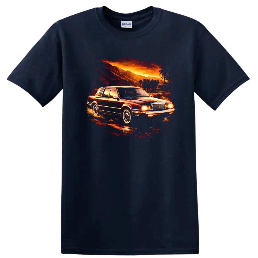 Classic Chrysler New Yorker XIII car in a fiery sunset graphic print T shirt on a Navy (Blue) T Shirt