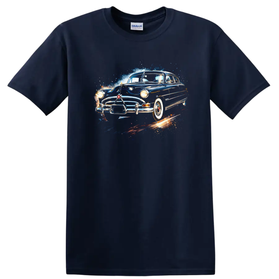 Classic Hudson Hornet old car graphic print with blue vintage racing design on a Navy (Blue) T Shirt