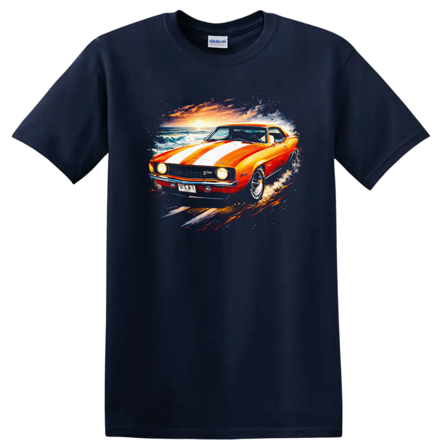 Orange 1969 Chevrolet Camaro Z/28 with white stripes, ocean waves, and sunset art on a Navy (Blue) T Shirt