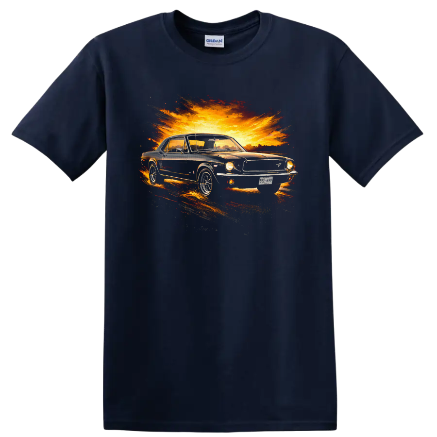 Old Ford Mustang graphic print with fiery sunset burst T shirt on a Navy (Blue) T Shirt