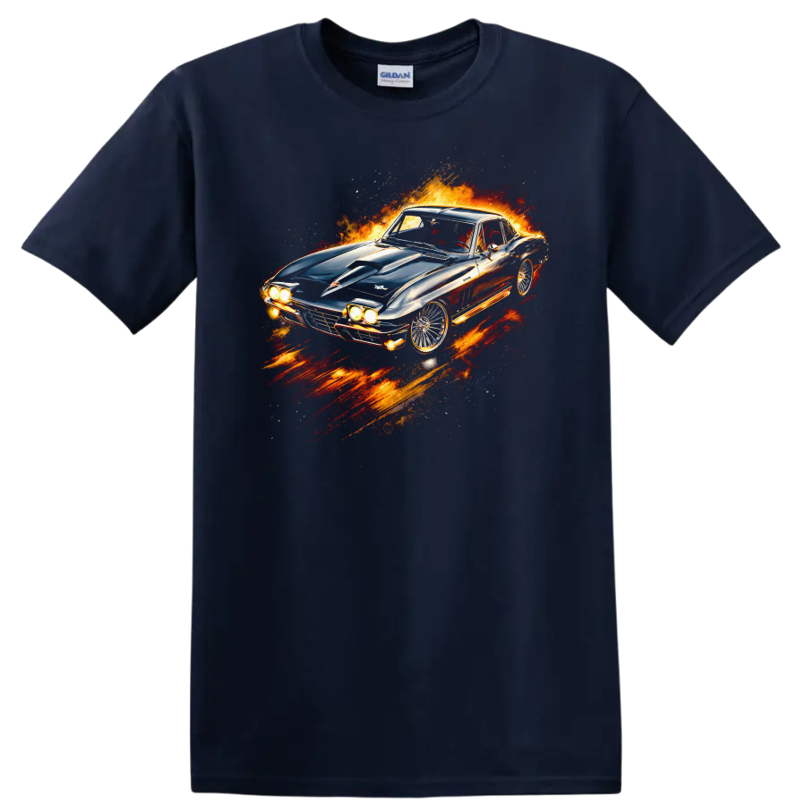 1963 Chevrolet Corvette Sting Ray flame graphic T shirt on a Navy (Blue) T Shirt