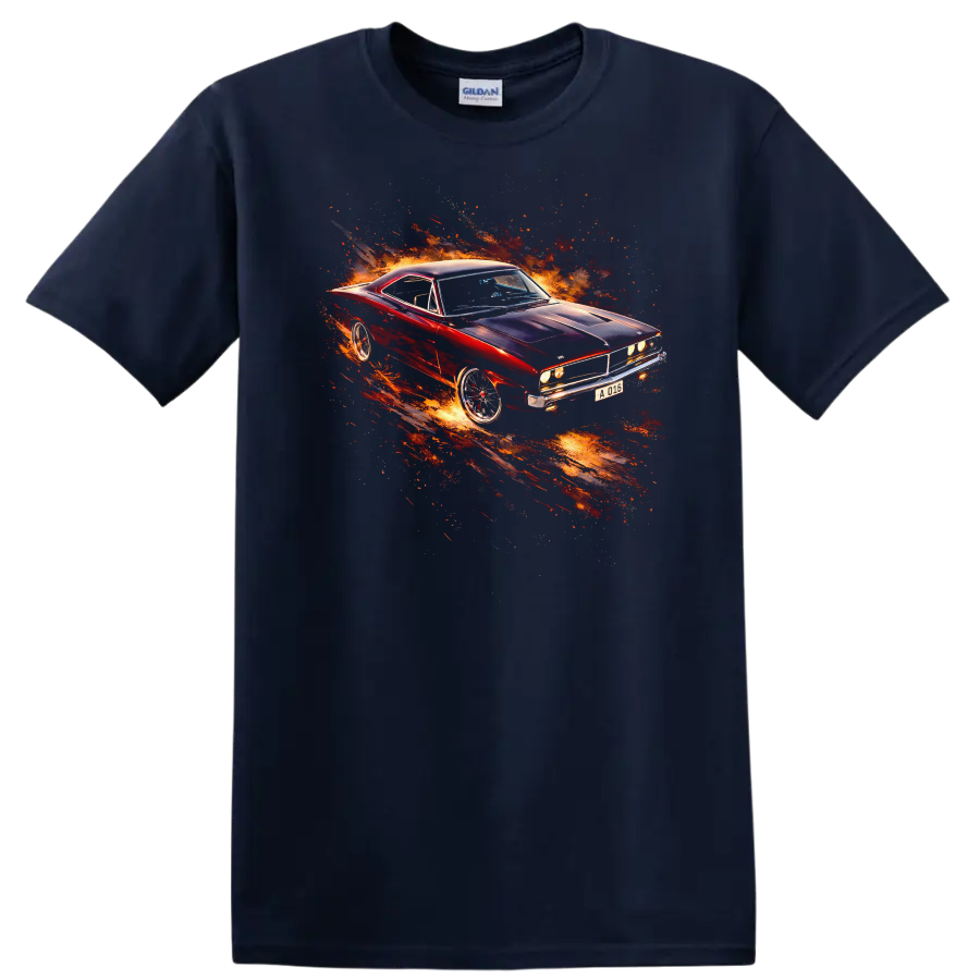 1969 Dodge Charger car with fiery graphic print on a T shirt on a Navy (Blue) T Shirt
