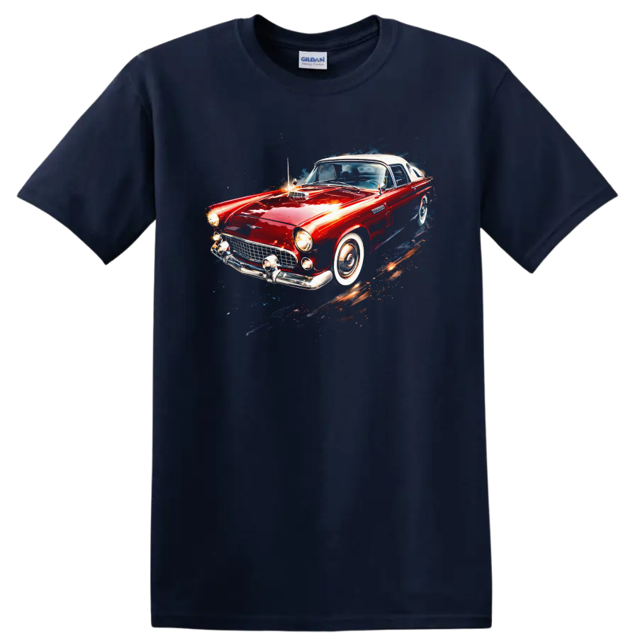 Red Ford Thunderbird classic car graphic print T shirt on a Navy (Blue) T Shirt