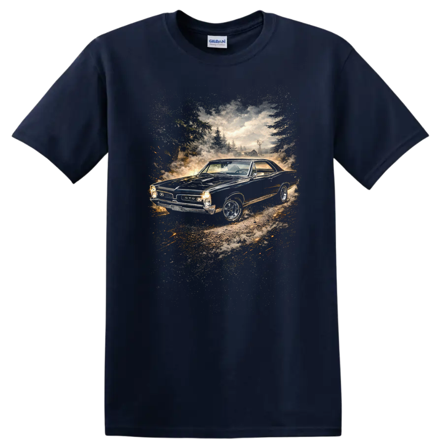 Pontiac GTO in a vintage countryside scene graphic print T shirt on a Navy (Blue) T Shirt