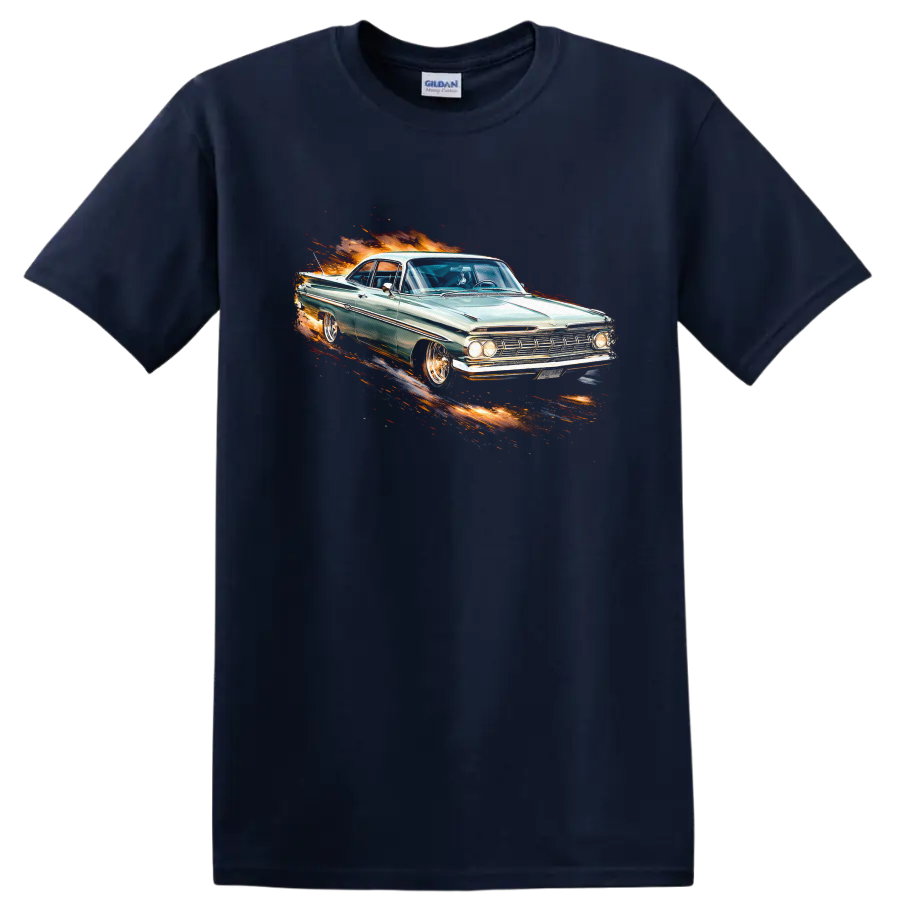 1961 Chevrolet Impala classic car with flame-style graphic print on a Navy (Blue) T Shirt