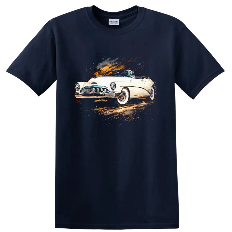 1953 Buick Skylark Convertible classic car graphic print T shirt on a Navy (Blue) T Shirt