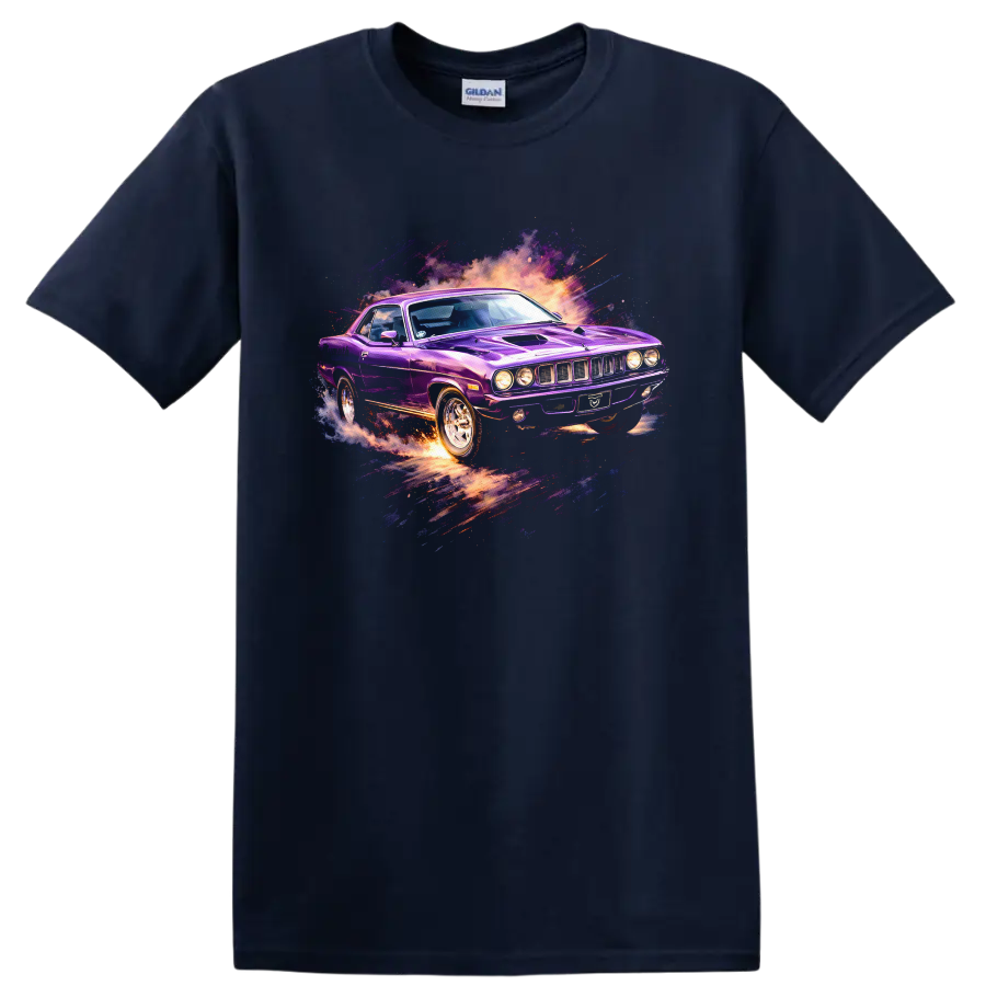 Purple Plymouth Barracuda car graphic print T-shirt with explosive retro splash effects on a Navy (Blue) T Shirt