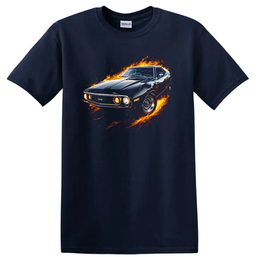 AMC Javelin AMX muscle car surrounded by flames graphic on a black T shirt on a Navy (Blue) T Shirt