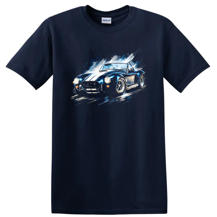 Blue Shelby Cobra old car graphic print with white stripes and splash effect on a Navy (Blue) T Shirt