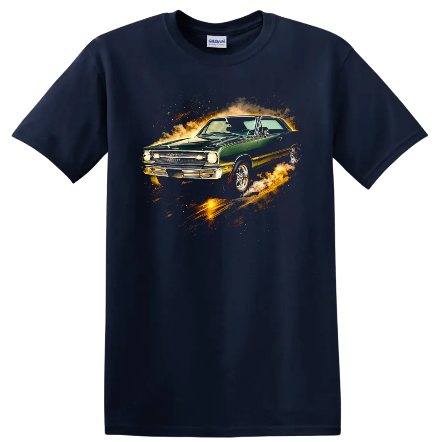 Green 1968 Dodge Dart with fiery motion effects graphic print T shirt on a Navy (Blue) T Shirt