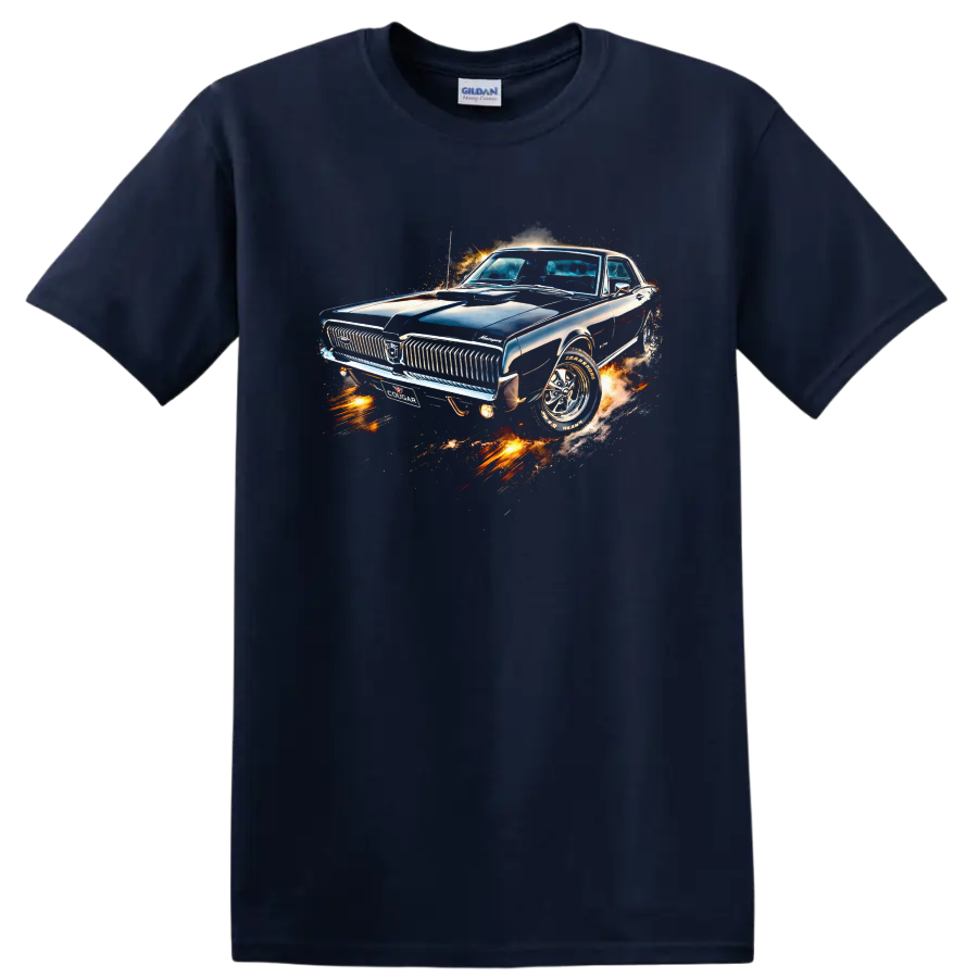 1967 Mercury Cougar classic car graphic print with chrome details and fiery effects on a Navy (Blue) T Shirt