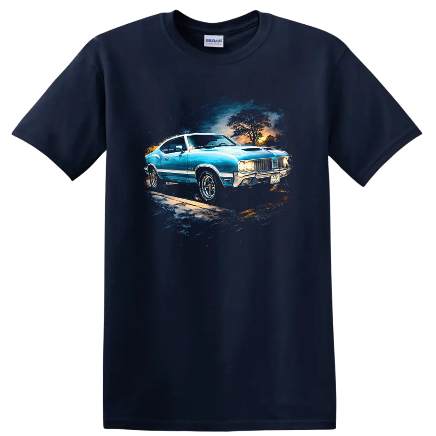 Blue 1970 Oldsmobile 442 classic car graphic print T-shirt on a Navy (Blue) T Shirt