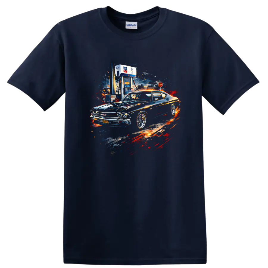 Chevrolet Chevelle muscle car with colorful splash art graphic print on T shirt on a Navy (Blue) T Shirt