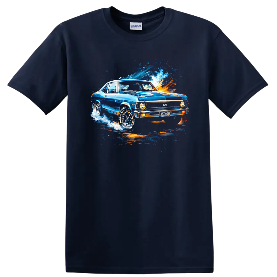 Blue 1970 Chevrolet Nova SS classic car graphic T shirt with splash effects on a Navy (Blue) T Shirt
