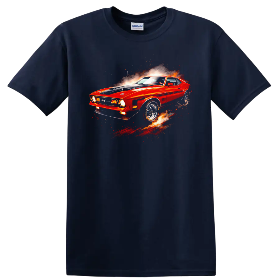Red Ford Mustang Mach 1 with flames and motion effects graphic print T shirt on a Navy (Blue) T Shirt