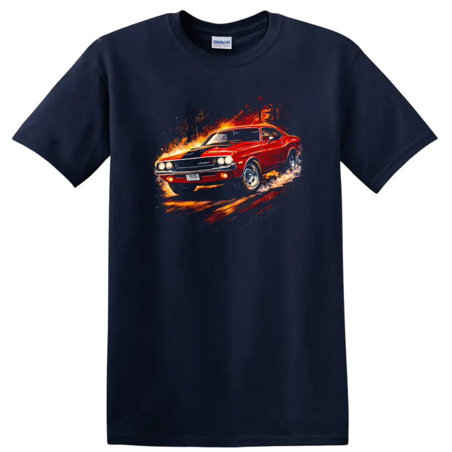 Red 1970 Dodge Challenger R/T muscle car graphic print T shirt on a Navy (Blue) T Shirt