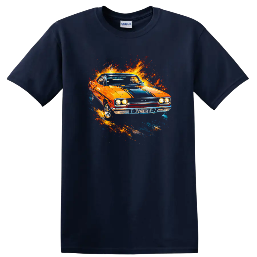 Orange Plymouth GTX classic car with blue stripes and paint splash graphic on T shirt on a Navy (Blue) T Shirt
