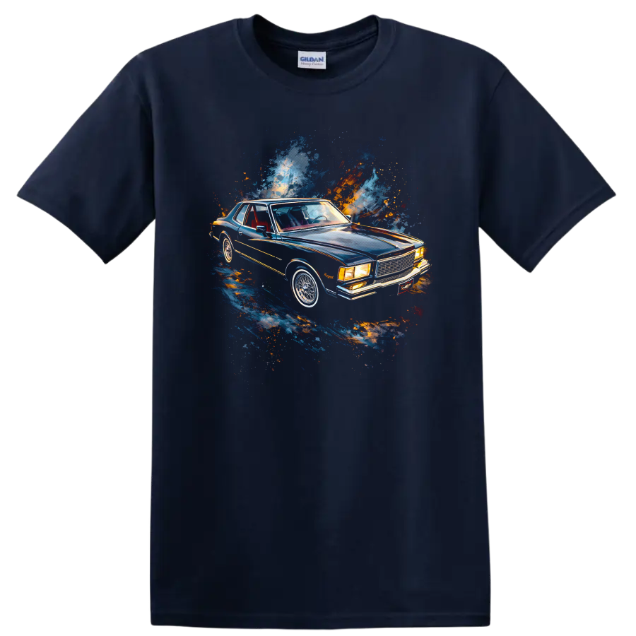 Chevrolet Monte Carlo classic car graphic print T shirt with blue and orange paint splash on a Navy (Blue) T Shirt