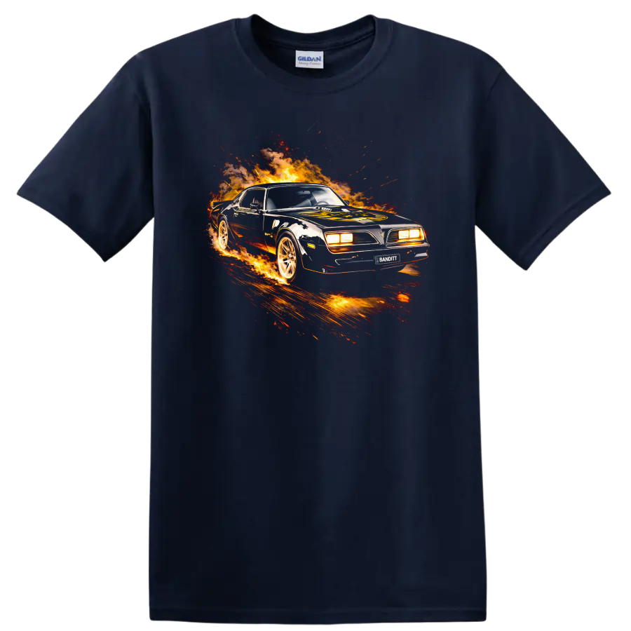 Pontiac Firebird Trans Am flaming muscle car graphic T Shirt on a Navy (Blue) T Shirt