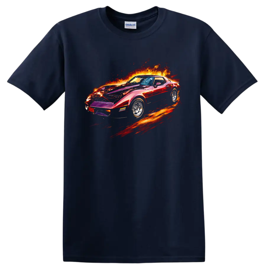 Chevrolet Corvette Stingray classic car with fiery graphic print on T shirt on a Navy (Blue) T Shirt