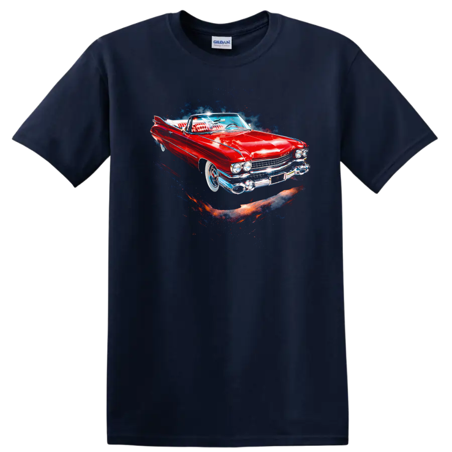 Red 1959 Cadillac Eldorado classic car graphic print T shirt on a Navy (Blue) T Shirt