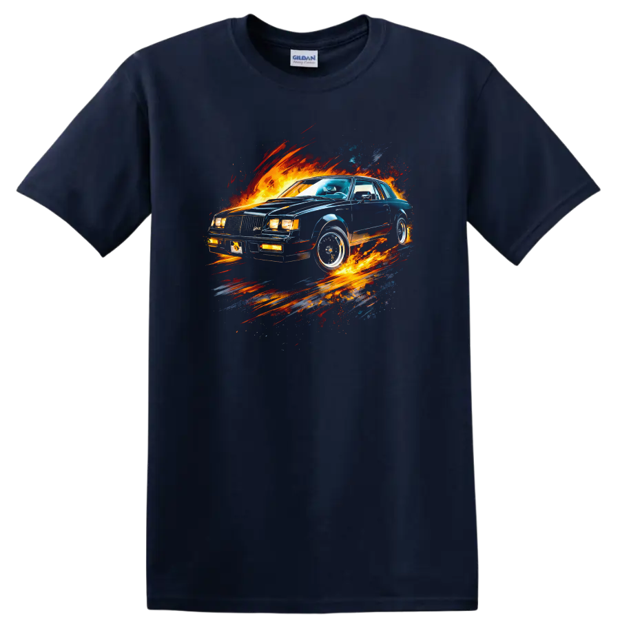 Buick Grand National old car with fiery graphic print T shirt on a Navy (Blue) T Shirt