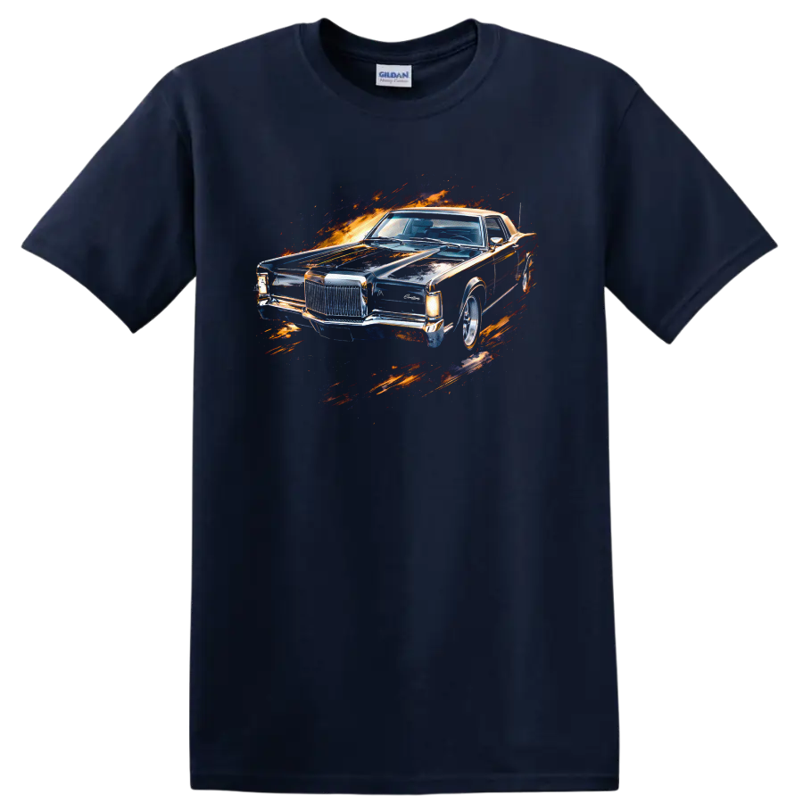 Lincoln Continental Mark III classic car with fiery splash graphic print T shirt on a Navy (Blue) T Shirt