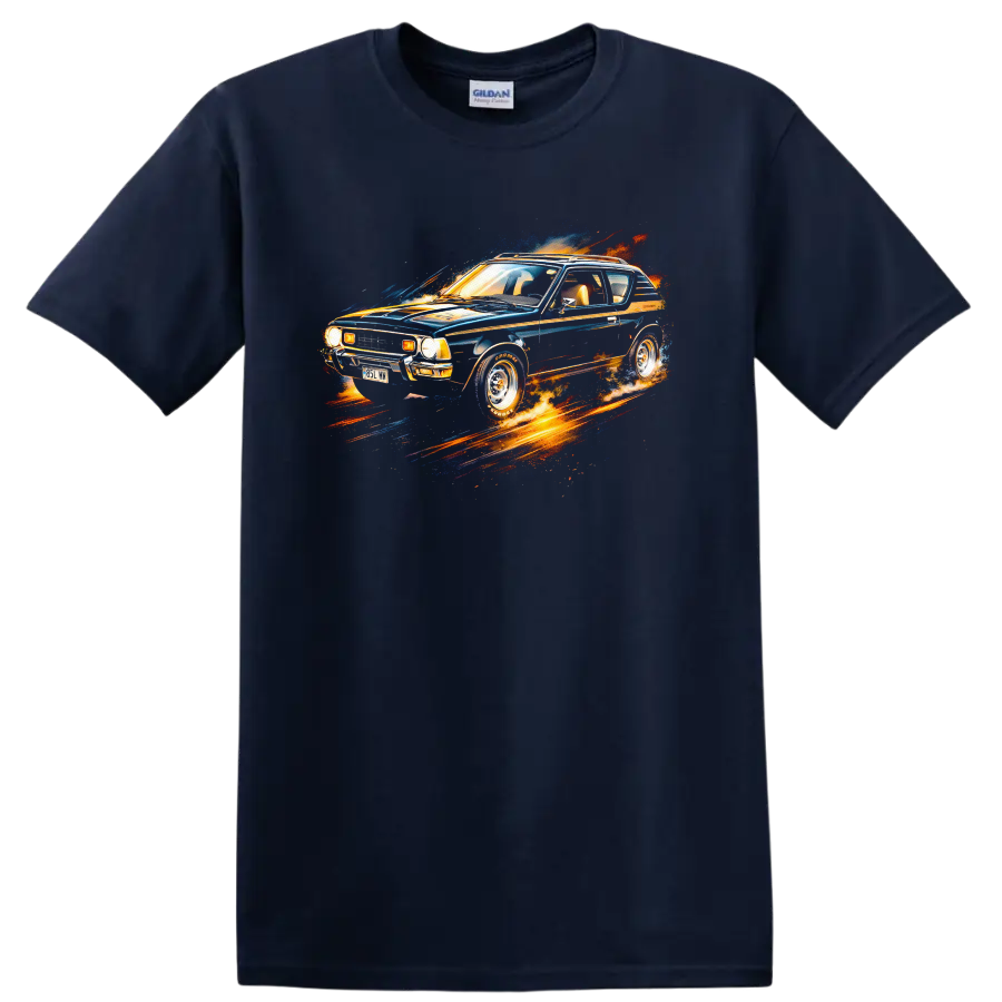 Colorful AMC Gremlin old car graphic print T-shirt with retro automotive splash design on a Navy (Blue) T Shirt