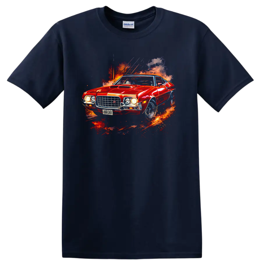 Red 1972 Ford Gran Torino Sport muscle car graphic print with fiery smoke on a Navy (Blue) T Shirt