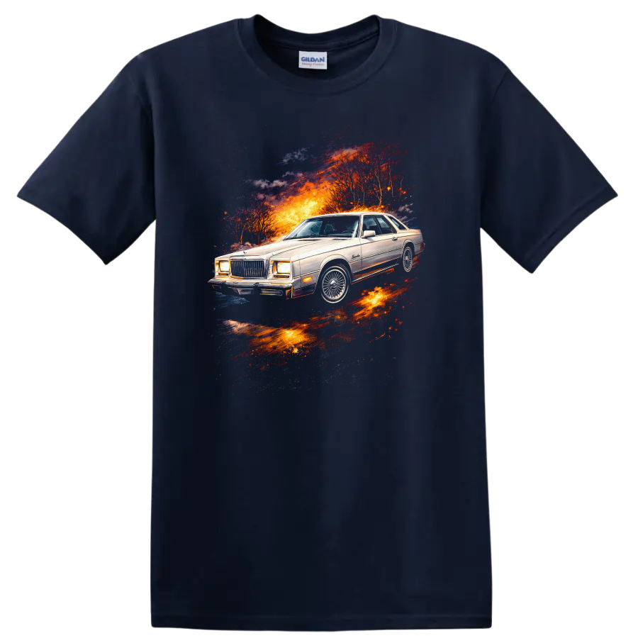 Chrysler Cordoba classic car graphic print with fiery retro energy burst on a Navy (Blue) T Shirt
