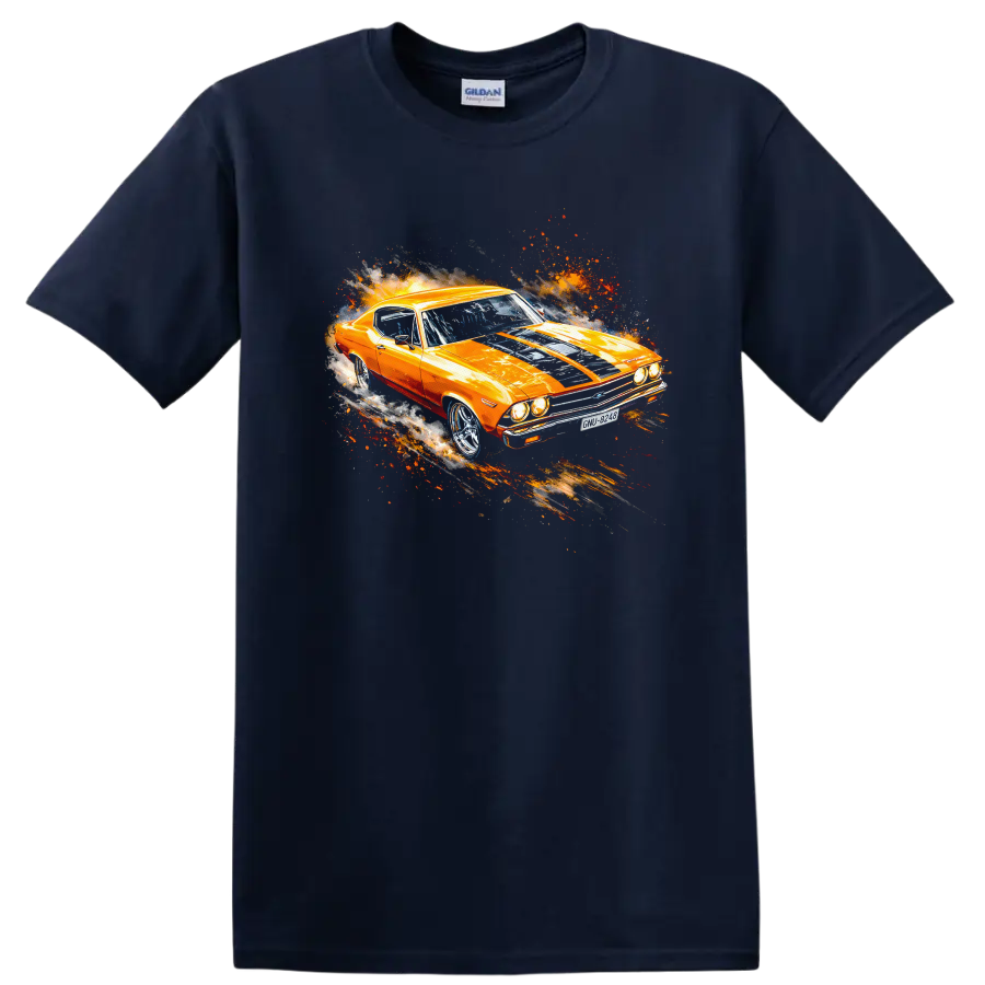 Orange 1969 Chevelle SS 396 muscle car graphic print with motion effects on T shirt on a Navy (Blue) T Shirt