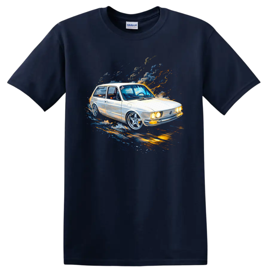 Volkswagen Brasília old car with colorful motion streaks graphic print T shirt on a Navy (Blue) T Shirt