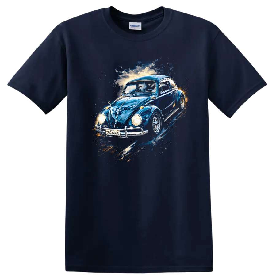 Blue Volkswagen Beetle vintage car graphic print T shirt on a Navy (Blue) T Shirt