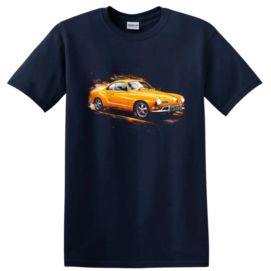 Orange Volkswagen Karmann Ghia classic car with fiery motion graphic on black background on a Navy (Blue) T Shirt