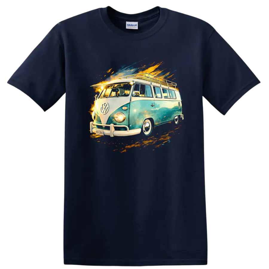 Volkswagen T1 camper van graphic print with colorful splash effects on a T shirt on a Navy (Blue) T Shirt