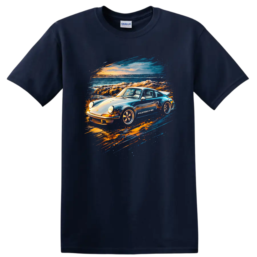 Pop art Porsche-style old car by the ocean at sunset, graphic print T shirt on a Navy (Blue) T Shirt