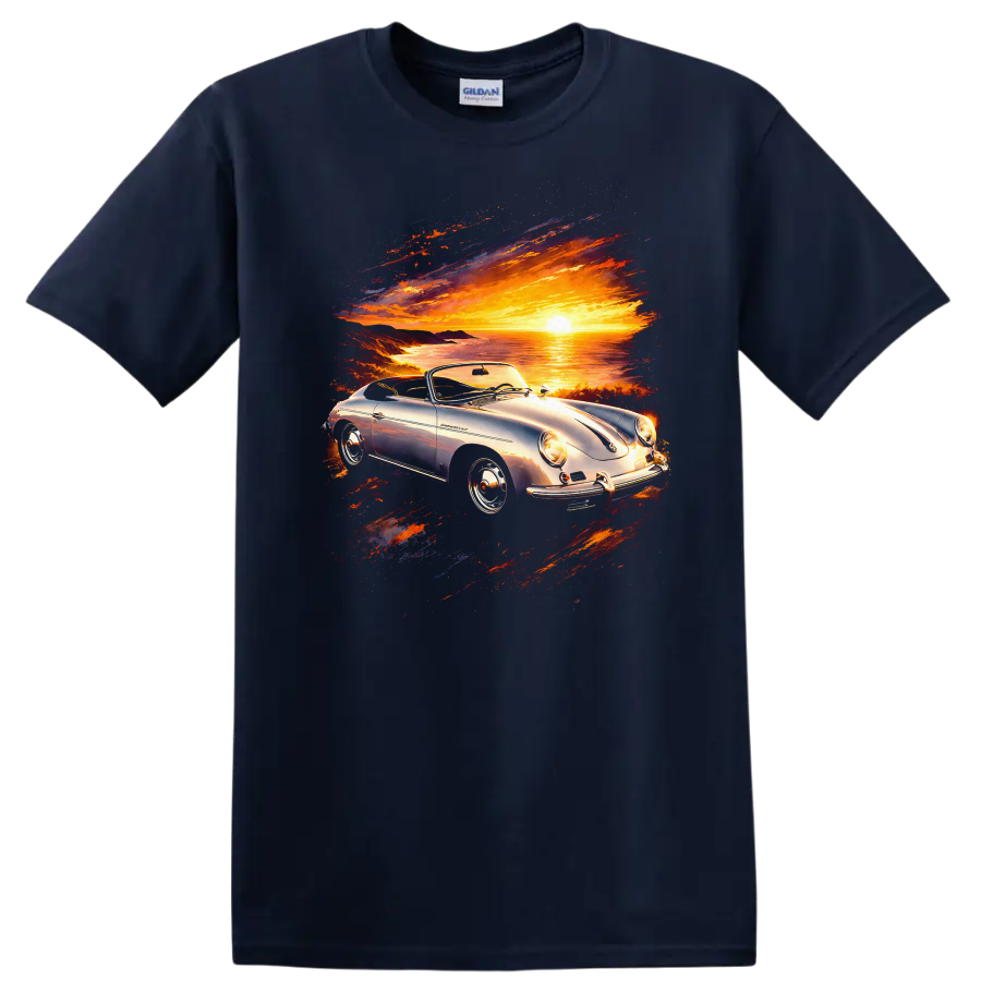Porsche 356 convertible at sunset with colorful coastal scenic graphic print on a Navy (Blue) T Shirt