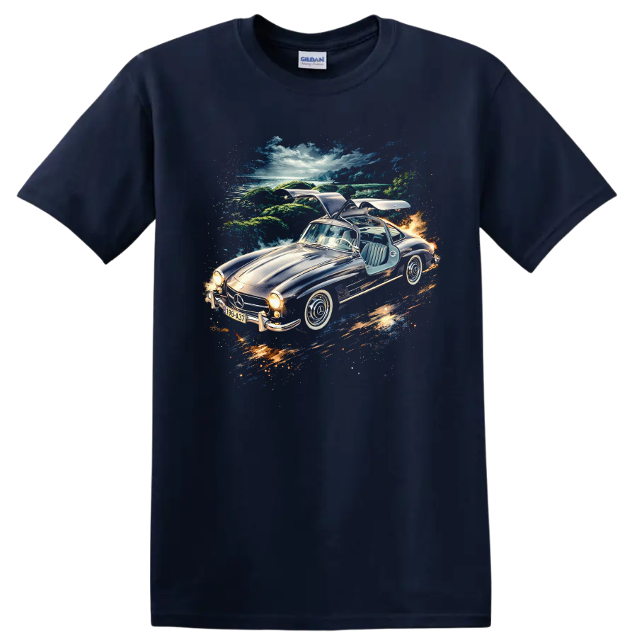1954 Mercedes-Benz 300 SL Gullwing car artwork with scenic background on a T shirt on a Navy (Blue) T Shirt