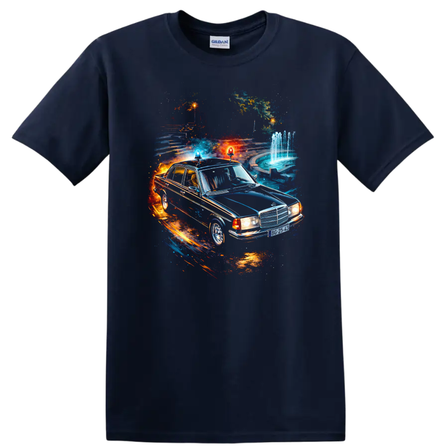 Mercedes-Benz W123 classic car with neon graphic print on T shirt on a Navy (Blue) T Shirt