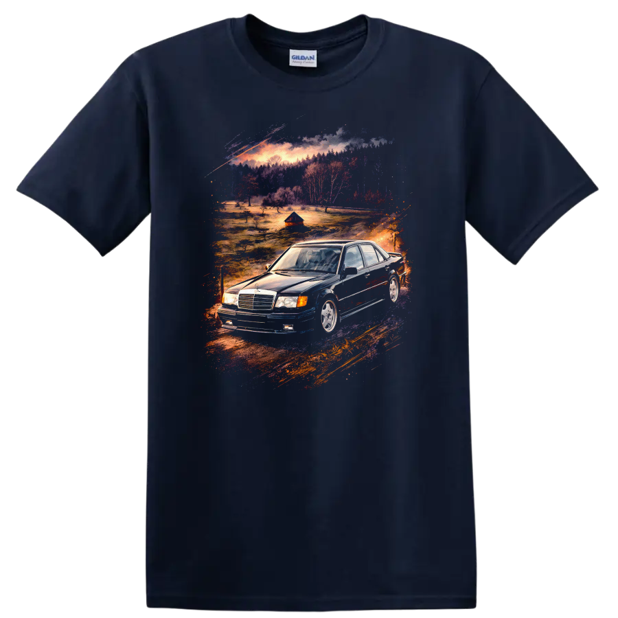 Mercedes-Benz E500 W124 old car graphic print T-shirt with scenic vintage car artwork on a Navy (Blue) T Shirt