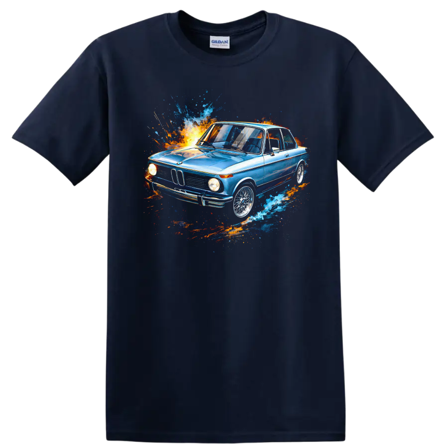 Blue BMW 2002 painting style car with colorful splash graphic on T shirt on a Navy (Blue) T Shirt